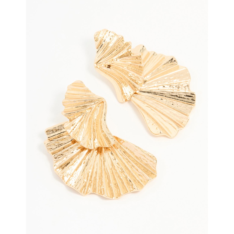 Gold Textured Metal Fan Drop Earrings