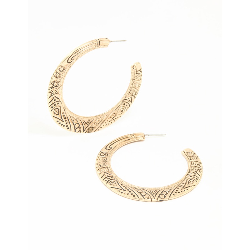 Antique Gold Patterned Hoop Earrings
