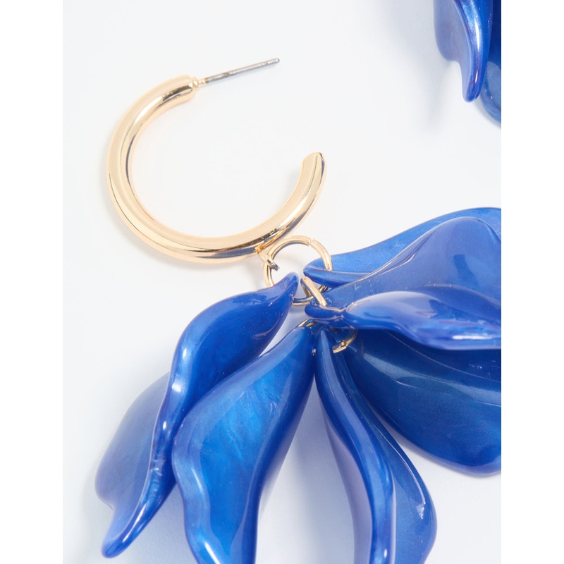 Gold Blue Petal Drop Hoop Earrings