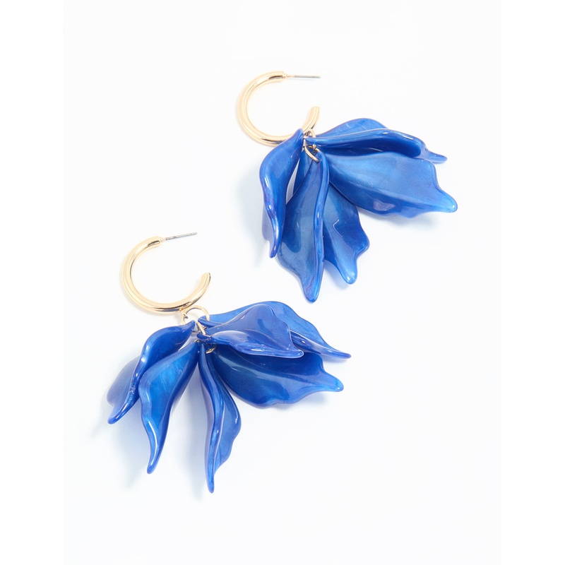 Gold Blue Petal Drop Hoop Earrings