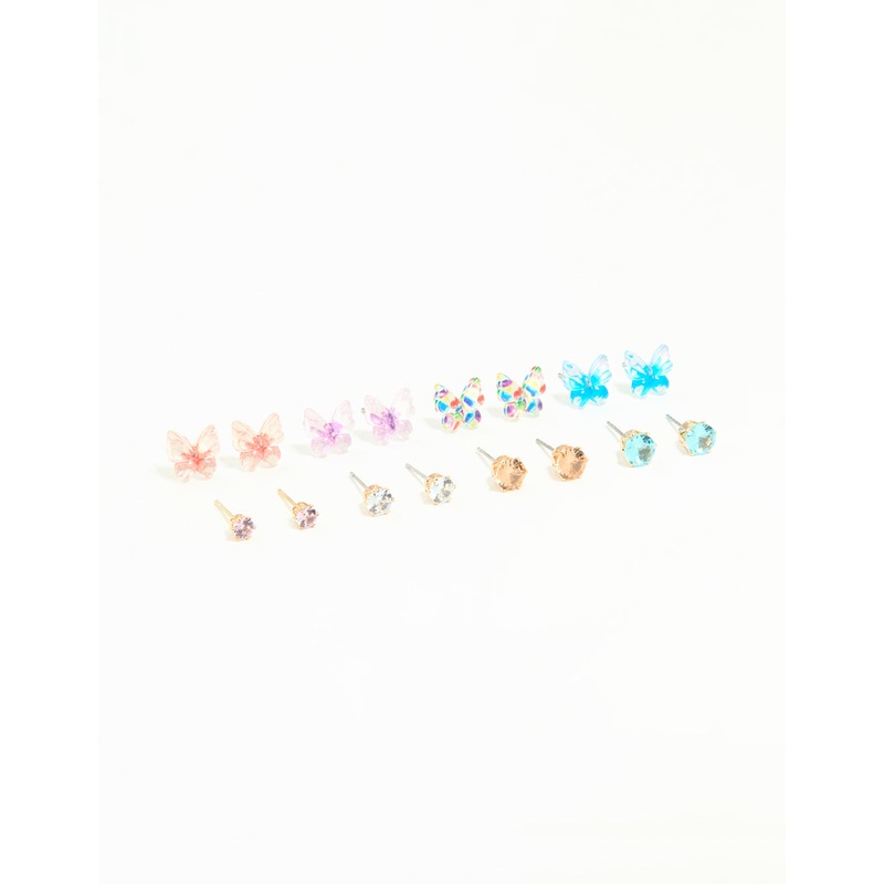 Gold Diamante & Butterfly Stud Earrings 8-Pack