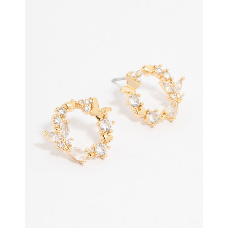 Gold Plated Cubic Zirconia Butterfly Wreath Stud Earrings