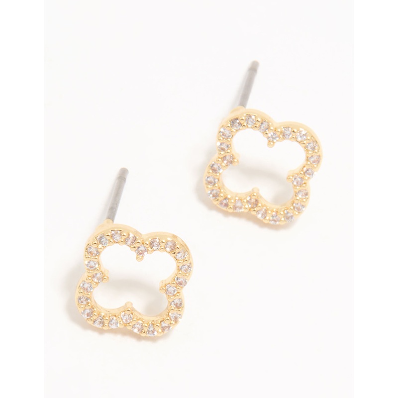 Gold Plated Cubic Zirconia Flower Outline Stud Earrings