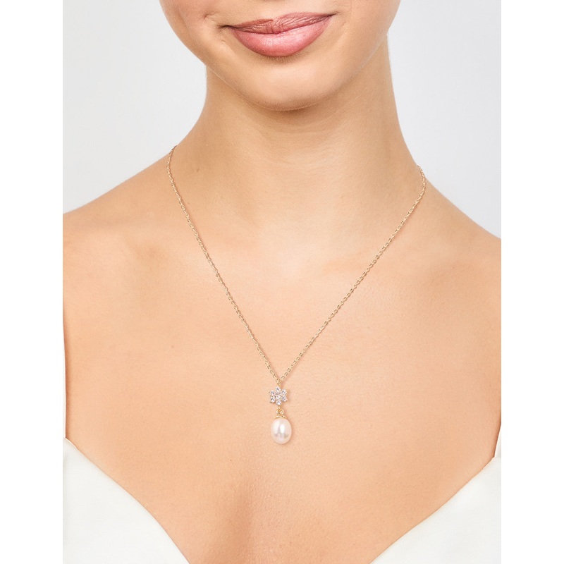 Gold Plated Cubic Zirconia & Pearl Flower Necklace