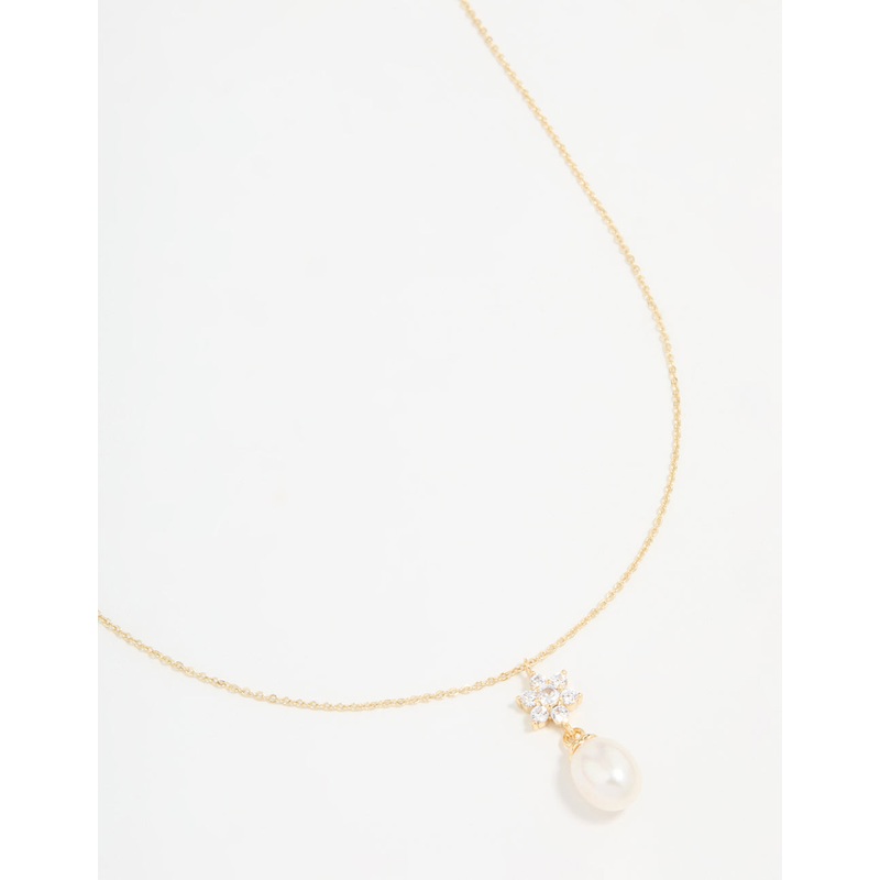 Gold Plated Cubic Zirconia & Pearl Flower Necklace