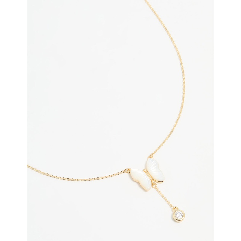 Gold Plated Mother Of Pearl & Cubic Zirconia Butterfly Y-Necklace