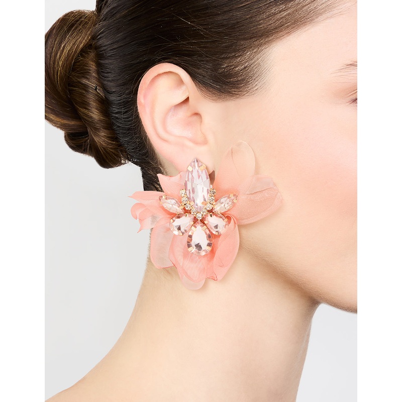 Pink Fabric Diamante Marquise Cluster Flower Petal Earrings