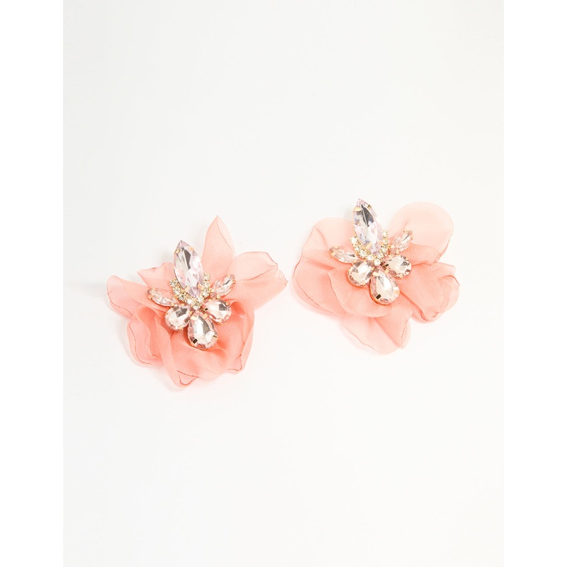 Pink Fabric Diamante Marquise Cluster Flower Petal Earrings
