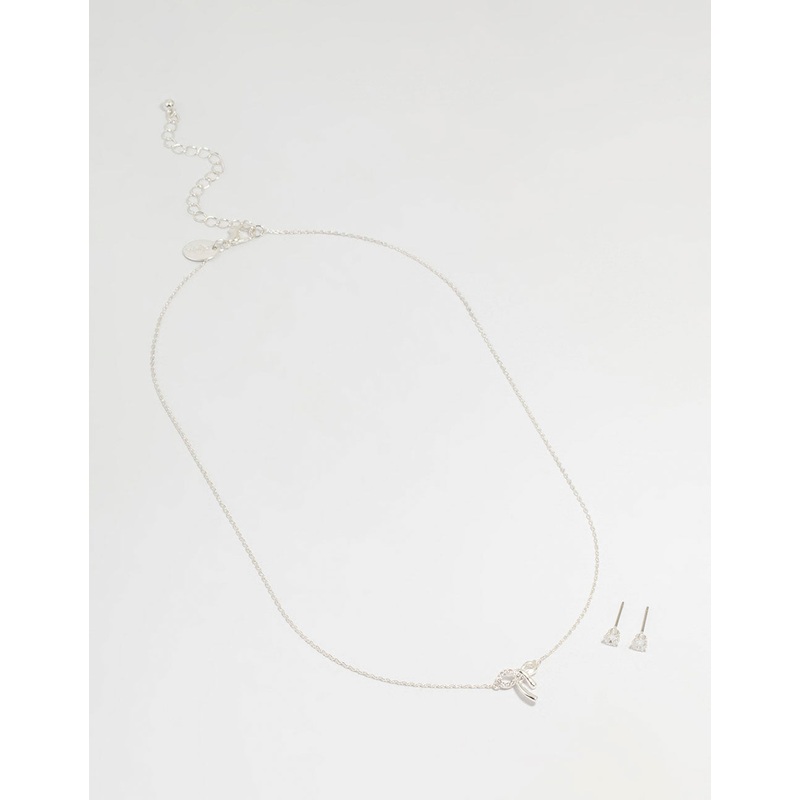 Silver Cubic Zirconia Bow Necklace & Earrings Set