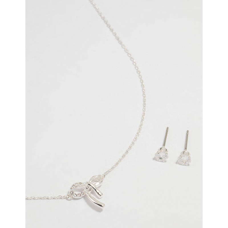 Silver Cubic Zirconia Bow Necklace & Earrings Set
