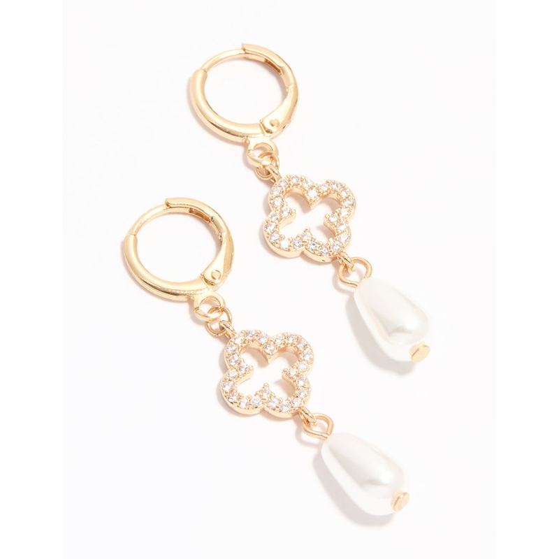 Gold Diamante Pearl Floral Huggie Earrings