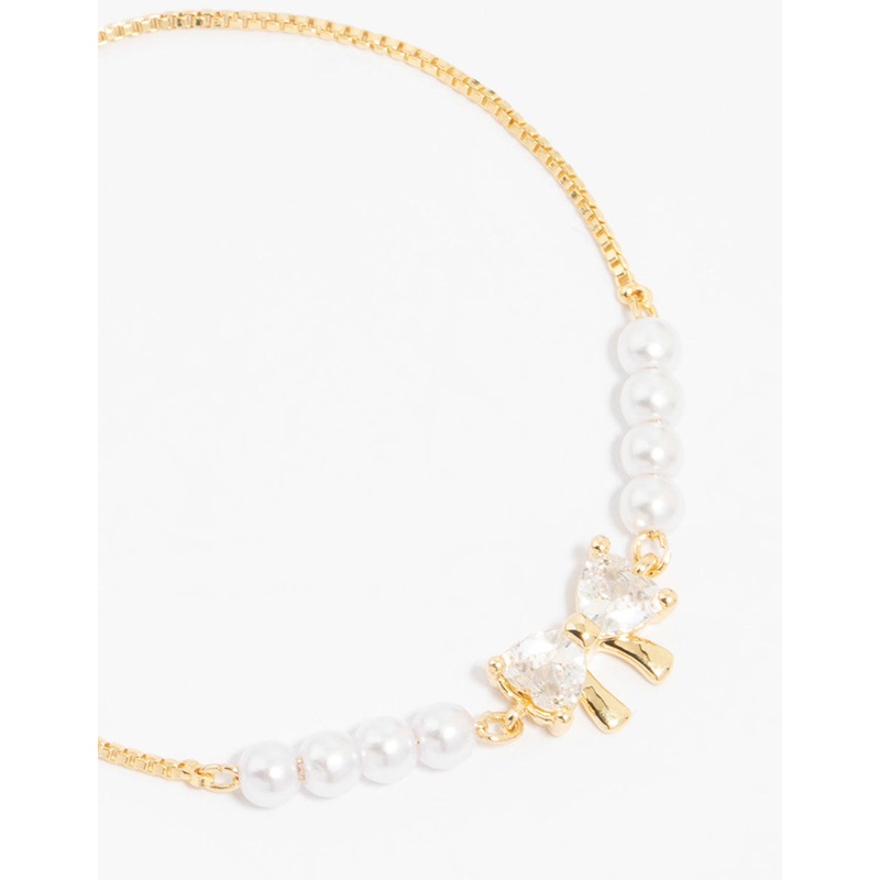 Gold Plated Cubic Zirconia Bow & Pearl Toggle Bracelet