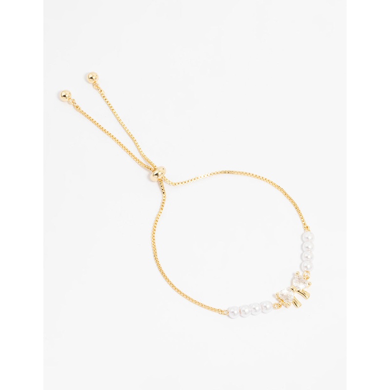 Gold Plated Cubic Zirconia Bow & Pearl Toggle Bracelet
