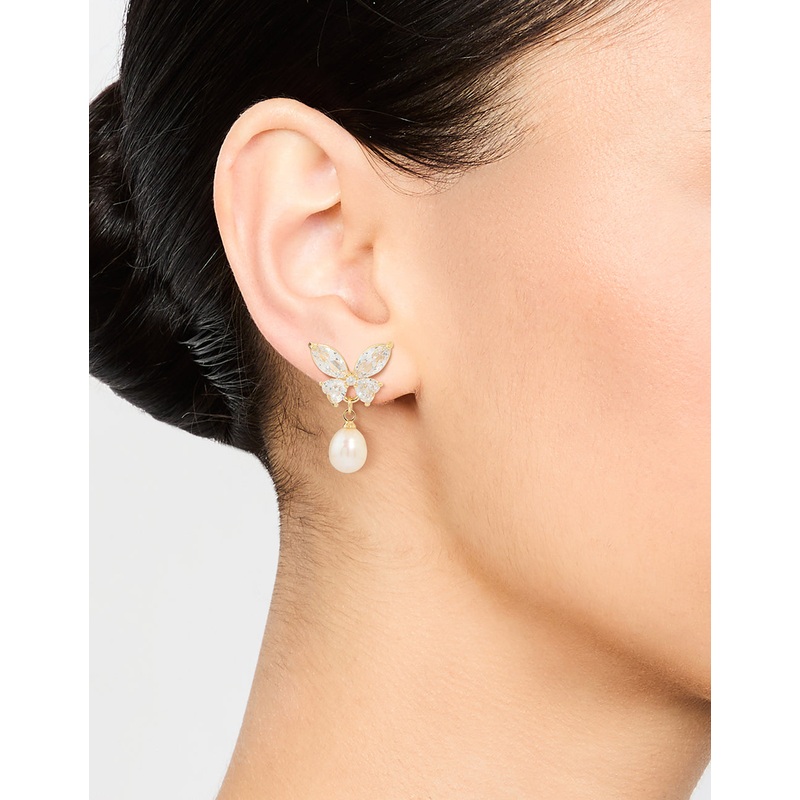 Gold Plated Cubic Zirconia Butterfly Pearl Drop Earrings