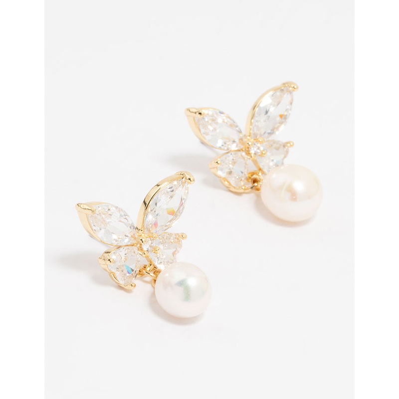 Gold Plated Cubic Zirconia Butterfly Pearl Drop Earrings