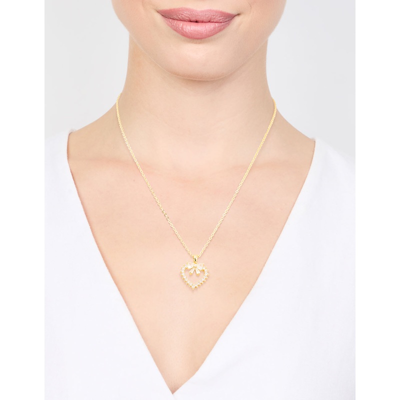 Gold Plated Cubic Zirconia Heart & Bow Pendant Necklace