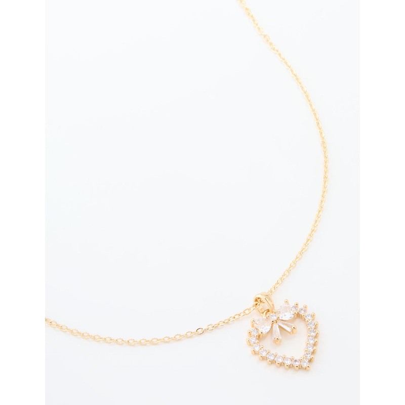 Gold Plated Cubic Zirconia Heart & Bow Pendant Necklace