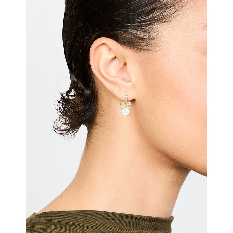 Gold Plated Cubic Zirconia & Pearl Bow Drop Earrings