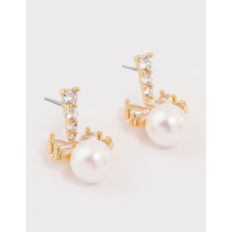 Gold Plated Cubic Zirconia & Pearl Bow Drop Earrings
