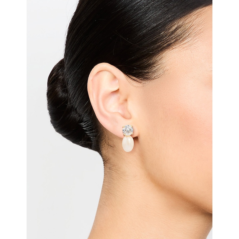 Gold Plated Diamante Freshwater Pearl Drop Earrings