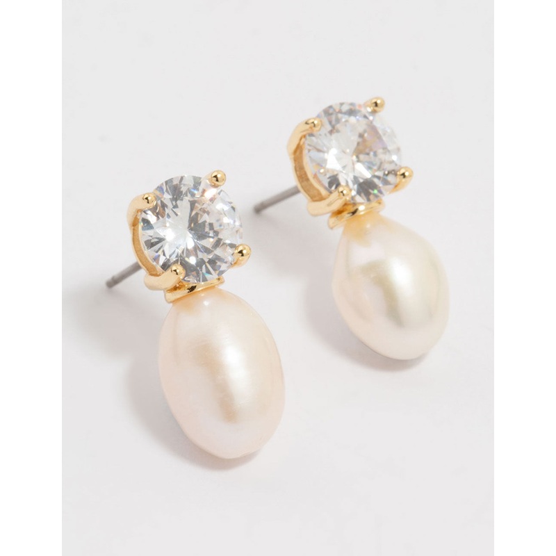 Gold Plated Diamante Freshwater Pearl Drop Earrings