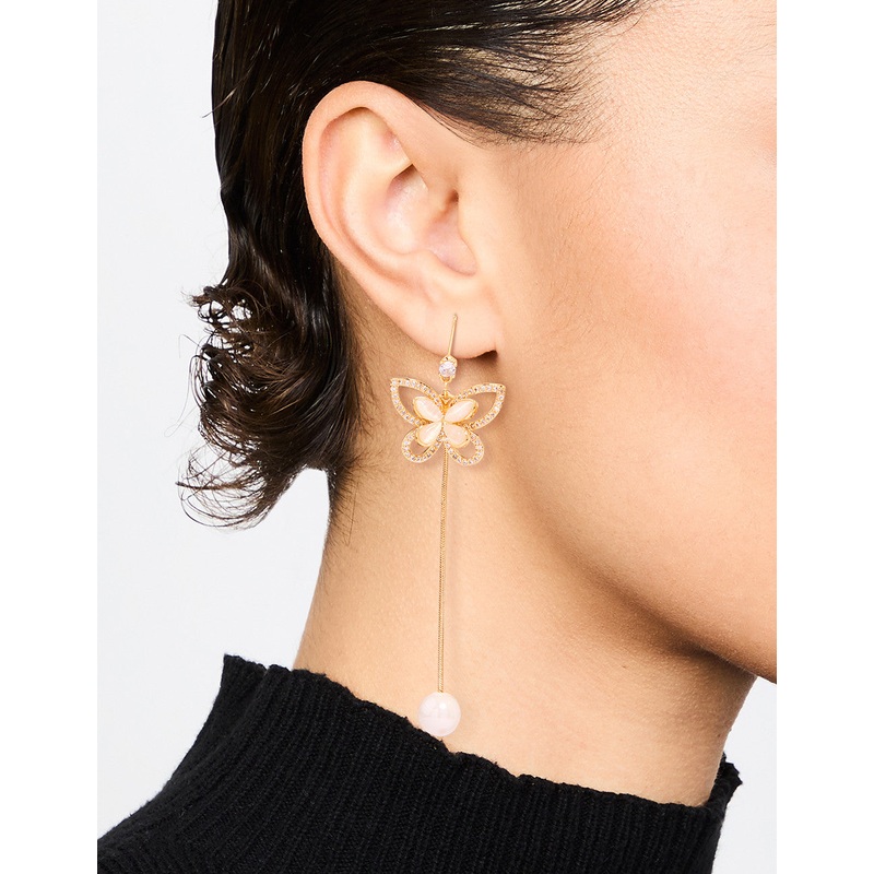 Gold Plated Pearl Butterfly Long Drop Earrings