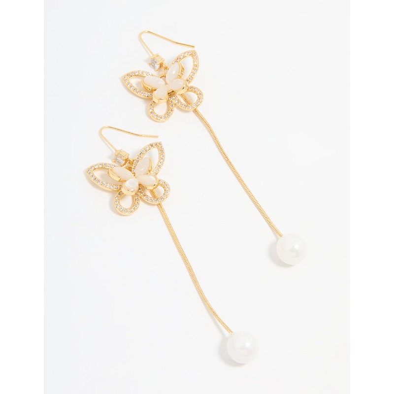 Gold Plated Pearl Butterfly Long Drop Earrings