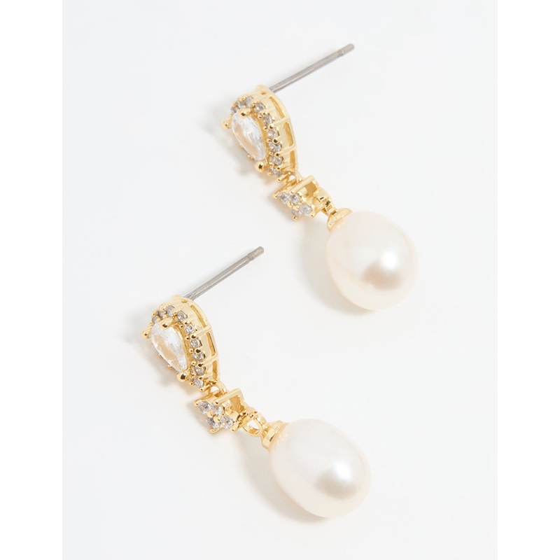 Gold Plated Pearl Pear Diamante Drop Earrings