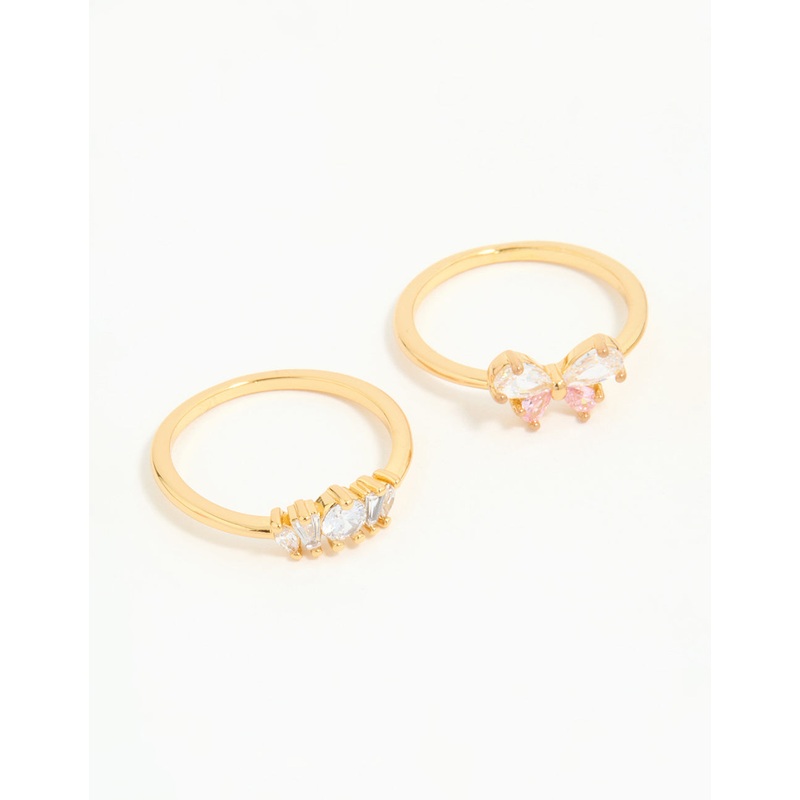 Gold Plated Pink Cubic Zirconia Bow Rings 3-Pack