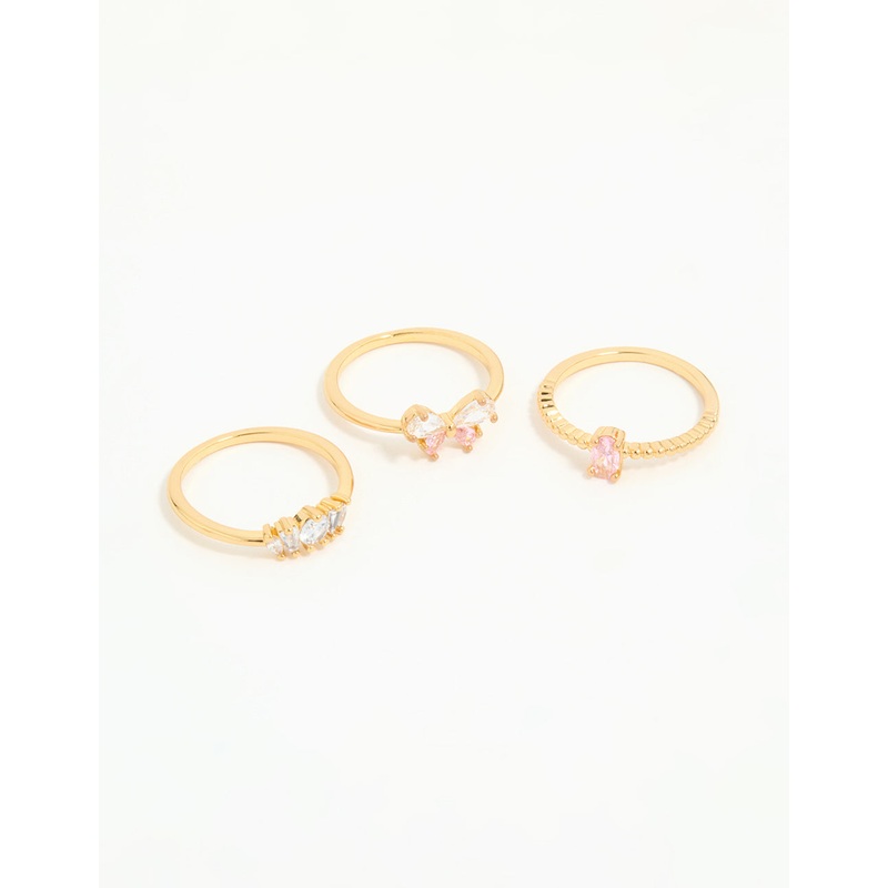 Gold Plated Pink Cubic Zirconia Bow Rings 3-Pack