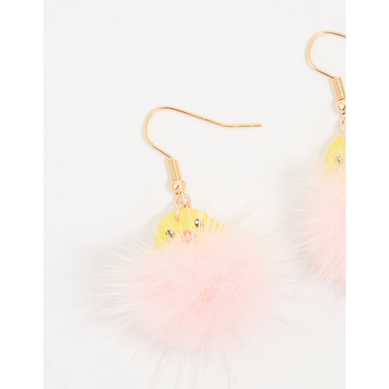 Kids Pink Pompom Chick Drop Earrings