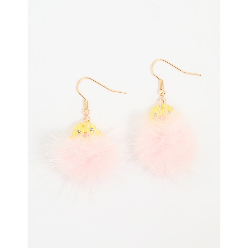 Kids Pink Pompom Chick Drop Earrings