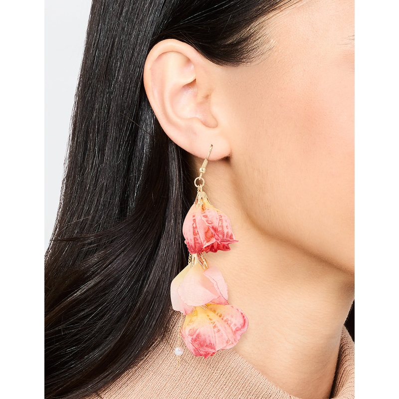 Pink Fabric Flower Drop Hook Earrings