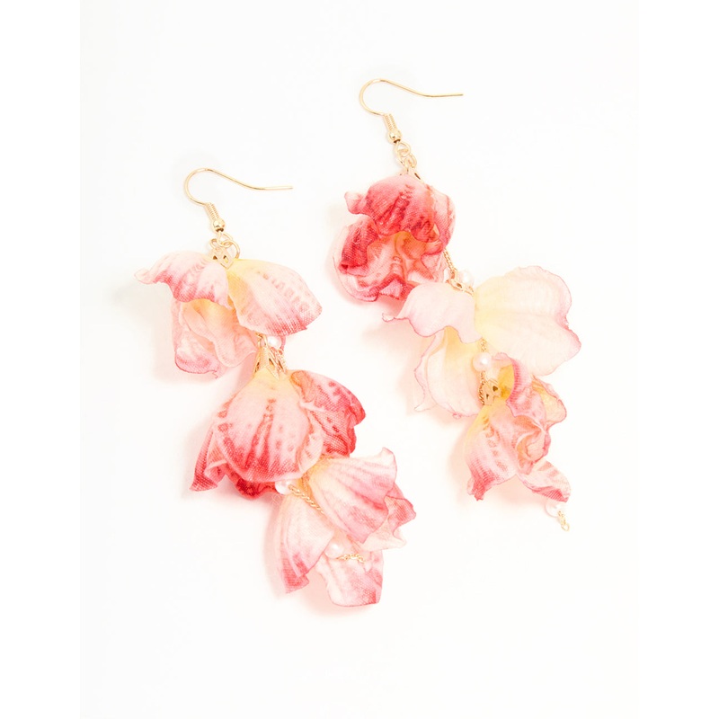 Pink Fabric Flower Drop Hook Earrings