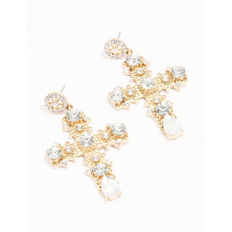 Antique Gold Diamante Statement Cross Drop Earrings