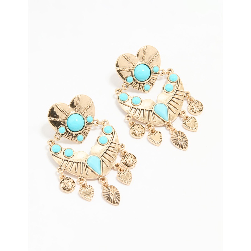 Antique Gold Turquoise Heart Drop Earrings