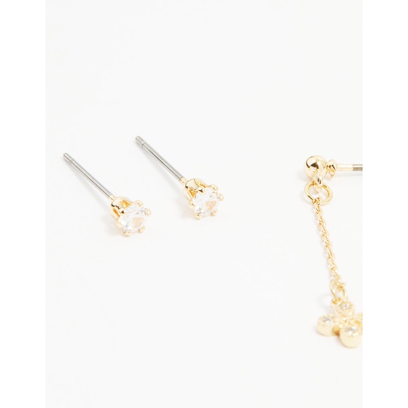 Gold Cubic Zirconia Chain & Stud Earrings 3-Pack