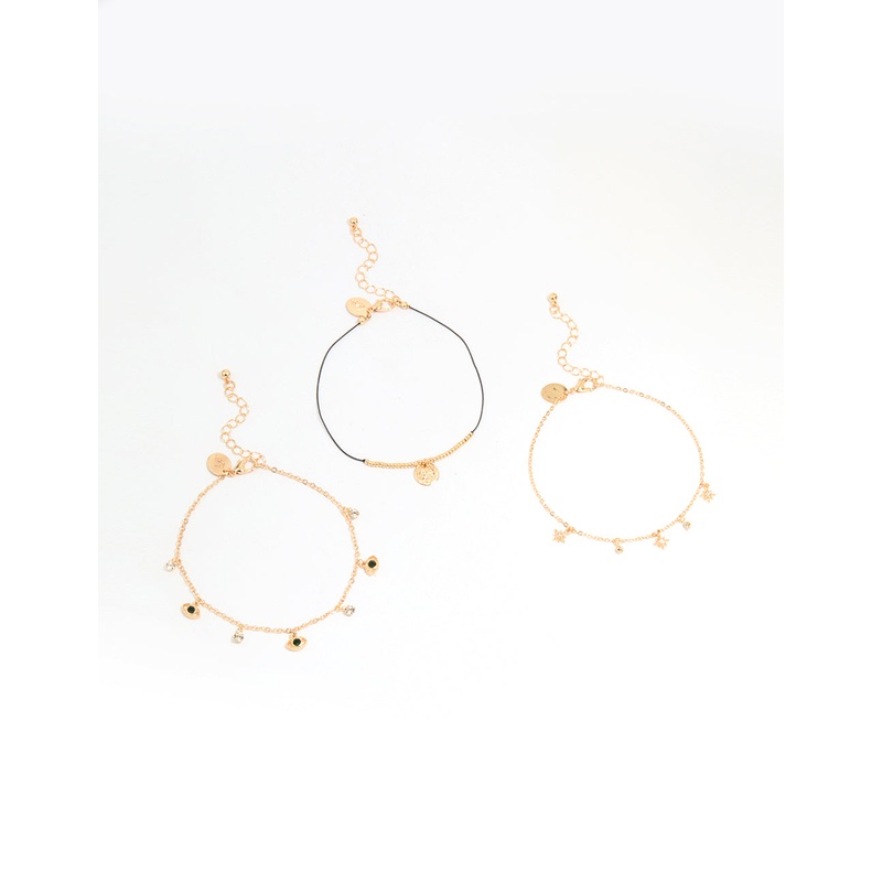 Gold Evil Eye & Coin Chain Anklets 3-Pack