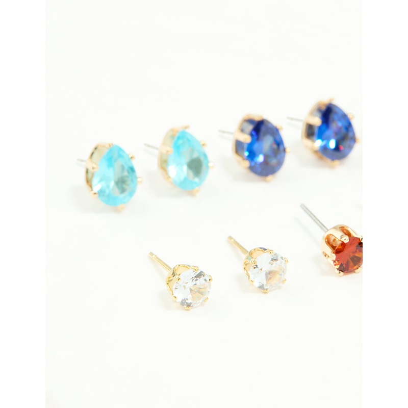 Gold Multicoloured Diamante Mixed Shape Stud Earrings 8-Pack
