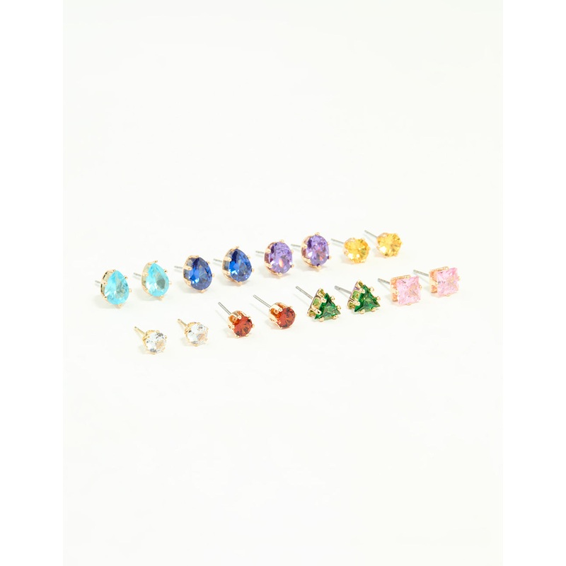 Gold Multicoloured Diamante Mixed Shape Stud Earrings 8-Pack