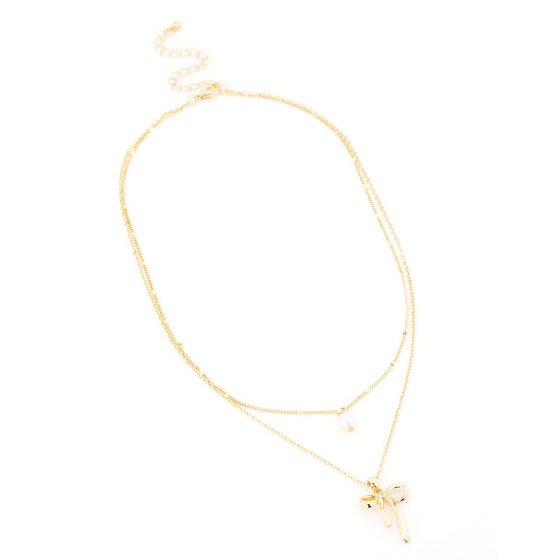 Gold Plated Brass Freshwater Pearl & Bow Layered Necklace