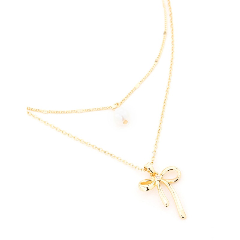 Gold Plated Brass Freshwater Pearl & Bow Layered Necklace