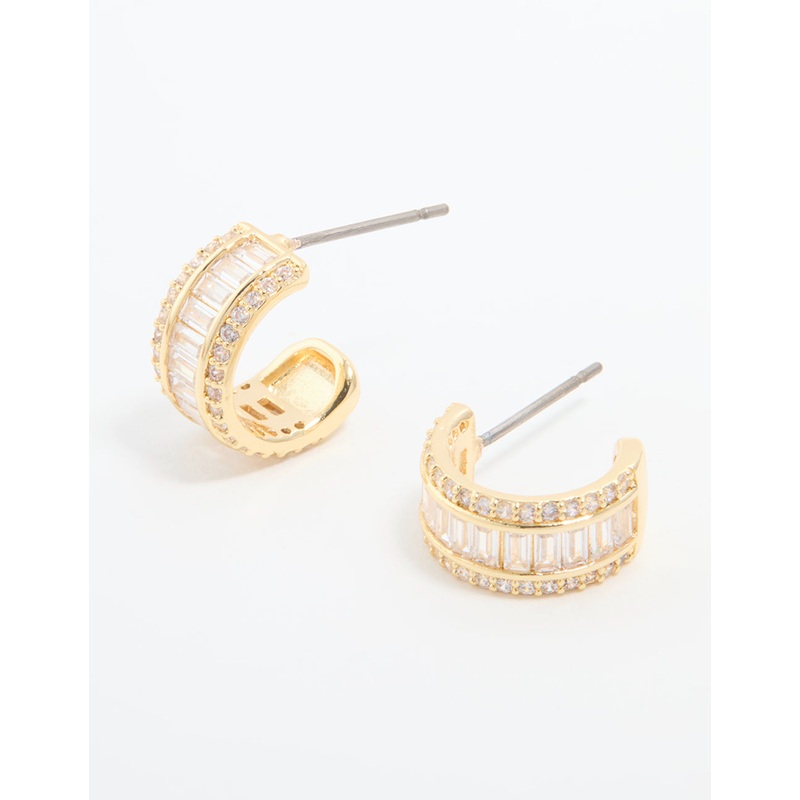 Gold Plated Cubic Zirconia Baguette Small Hoop Earrings
