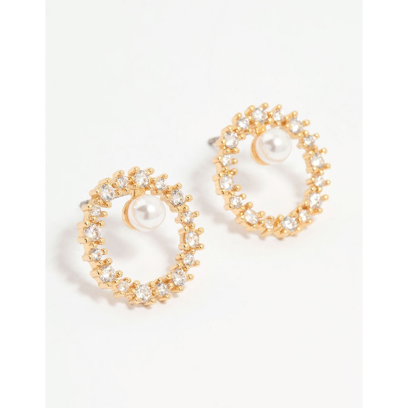 Gold Plated Cubic Zirconia Pearl Wreath Stud Earrings