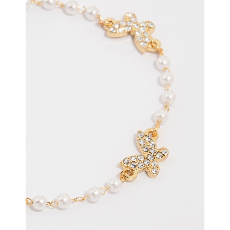 Gold Plated Pearl & Butterfly Charm Bracelet