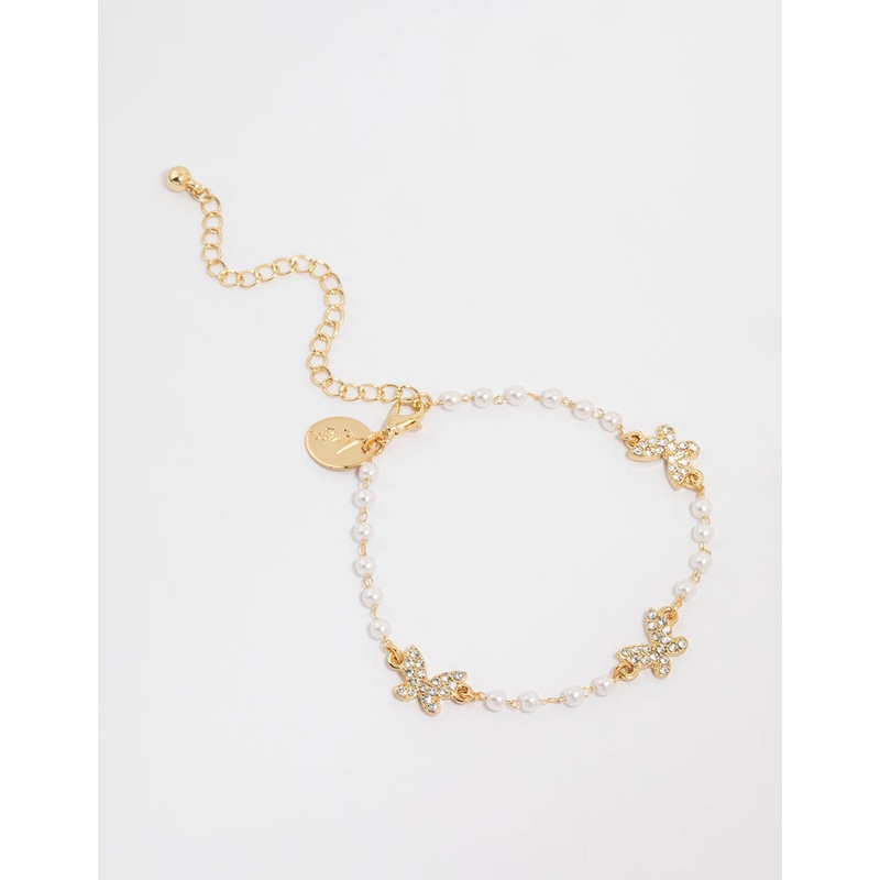 Gold Plated Pearl & Butterfly Charm Bracelet