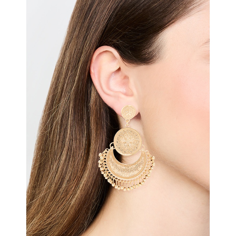 Gold Boho Etched Flower Drop Earrings