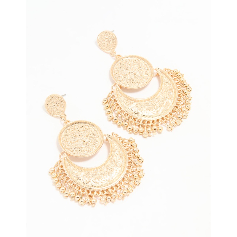 Gold Boho Etched Flower Drop Earrings