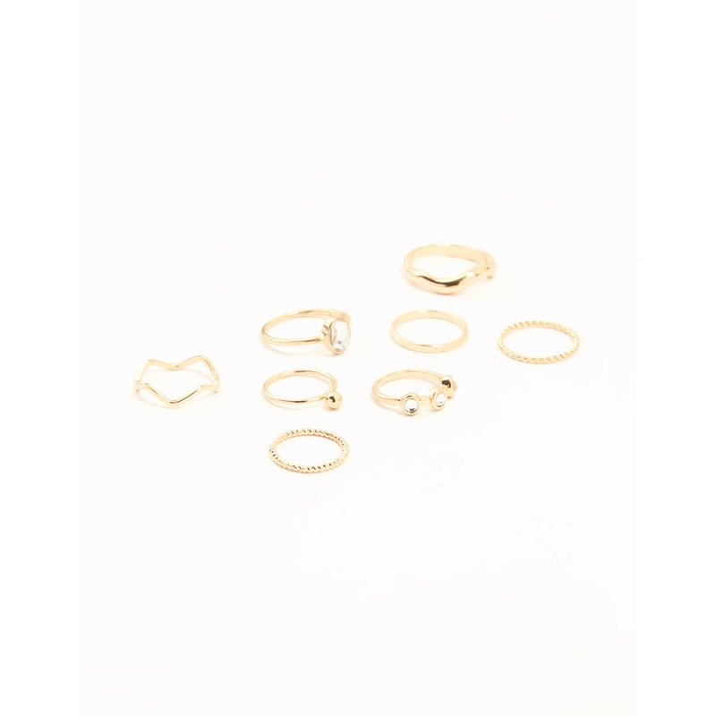 Gold Diamante Zigzag & Twisted Stacking Rings 8-Pack