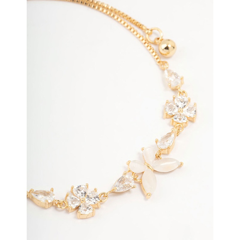 Gold Plated Cubic Zirconia Butterfly & Flower Toggle Bracelet